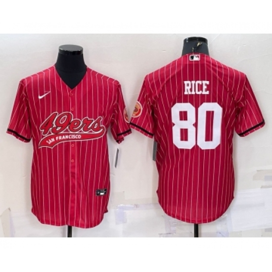 Men's San Francisco 49ers 80 Jerry Rice Red Pinstripe With Patch Cool Base Stitched Baseball Jersey