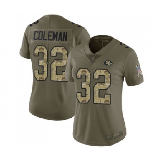 Women's San Francisco 49ers 32 Tevin Coleman Limited Olive Camo 2017 Salute to Service Football Jersey
