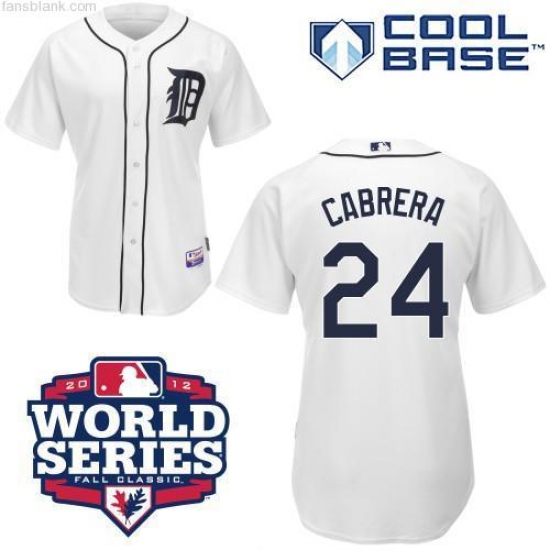 Men's Majestic Detroit Tigers 24 Miguel Cabrera Authentic White 2012 World Series Patch MLB Jersey