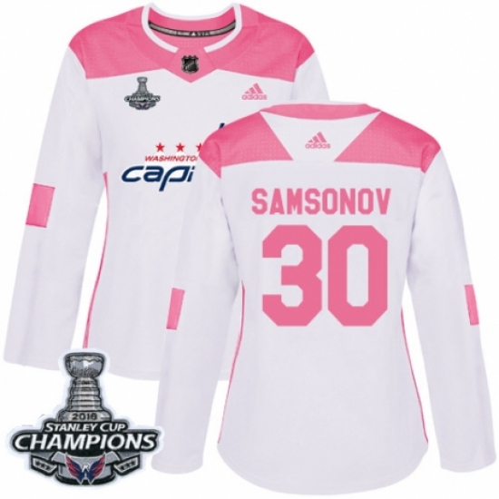 Women's Adidas Washington Capitals 30 Ilya Samsonov Authentic White Pink Fashion 2018 Stanley Cup Final Champions NHL Jersey