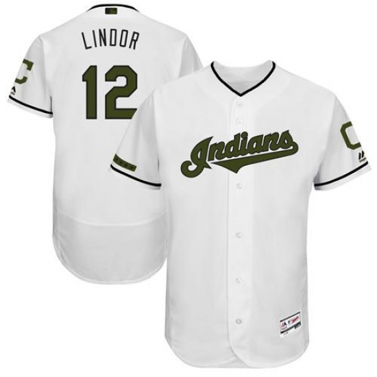Men's Majestic Cleveland Indians 12 Francisco Lindor White Memorial Day Authentic Collection Flex Base MLB Jersey