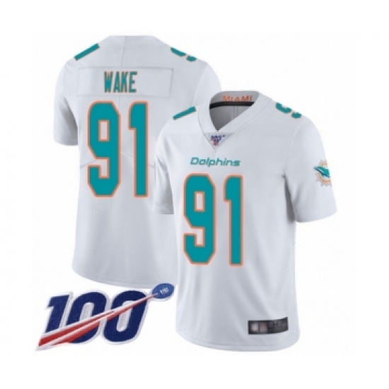 Men's Miami Dolphins 91 Cameron Wake White Vapor Untouchable Limited Player 100th Season Football Jersey