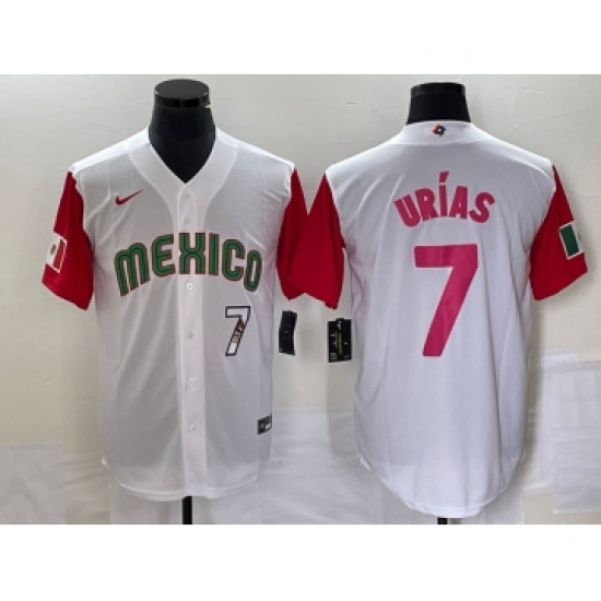 Men's Mexico Baseball 7 Julio Urias Number 2023 White Red World Classic Stitched Jersey 29