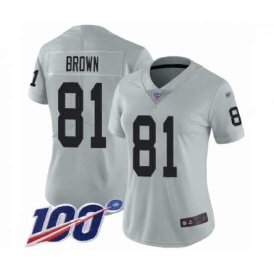 Women's Oakland Raiders 81 Tim Brown Limited Silver Inverted Legend 100th Season Football Jersey