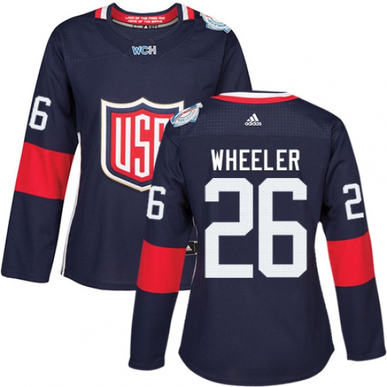 Women's Adidas Team USA 26 Blake Wheeler Authentic Navy Blue Away 2016 World Cup Hockey Jersey