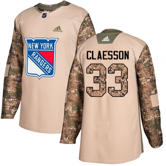 Youth Adidas New York Rangers 33 Fredrik Claesson Authentic Camo Veterans Day Practice NHL Jersey