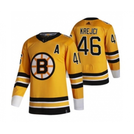 Men's Boston Bruins 46 David Krejci Yellow 2020-21 Reverse Retro Alternate Hockey Jersey