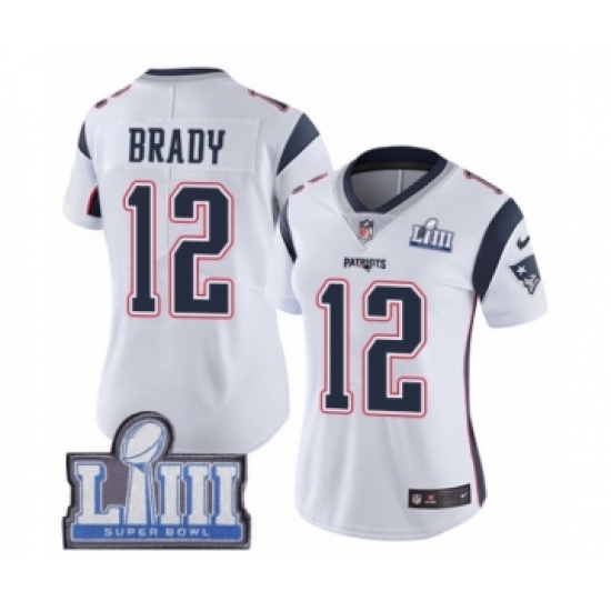 Women's Nike New England Patriots 12 Tom Brady White Vapor Untouchable Limited Player Super Bowl LIII Bound NFL Jersey