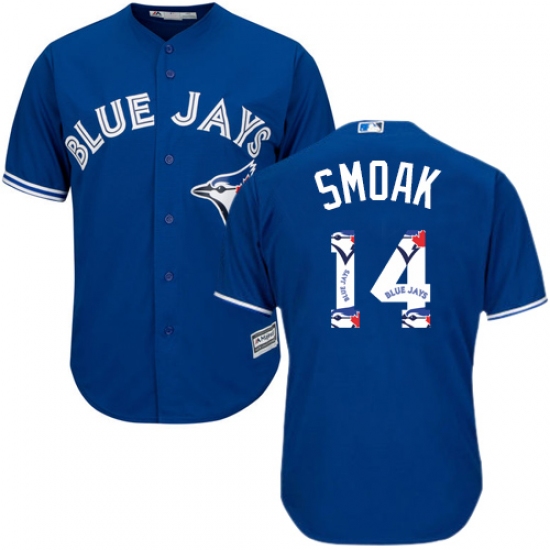Men's Majestic Toronto Blue Jays 14 Justin Smoak Authentic Blue Team Logo Fashion MLB Jersey