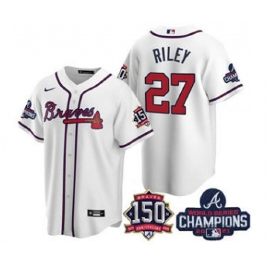 Men's Atlanta Braves 27 Austin Riley 2021 White World Series Champions With 150th Anniversary Patch Cool Base Stitched Jersey