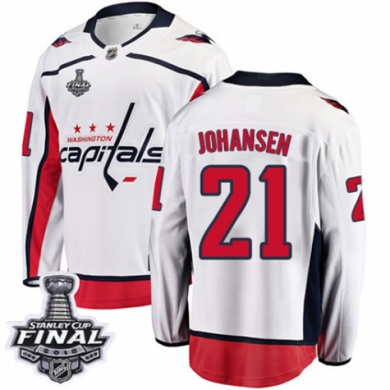 Men's Washington Capitals 21 Lucas Johansen Fanatics Branded White Away Breakaway 2018 Stanley Cup Final NHL Jersey