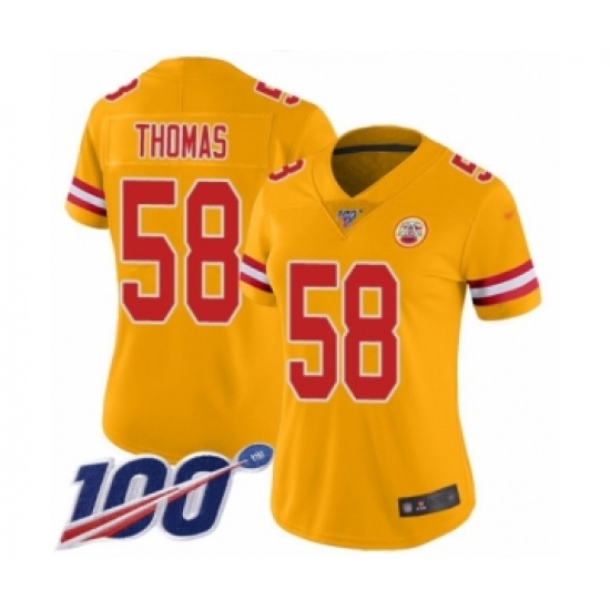 Women's Kansas City Chiefs 58 Derrick Thomas Limited Gold Inverted Legend 100th Season Football Jersey