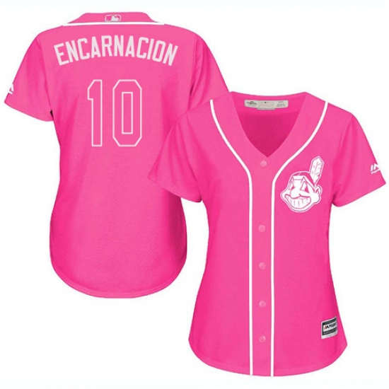 Women's Majestic Cleveland Indians 10 Edwin Encarnacion Authentic Pink Fashion Cool Base MLB Jersey