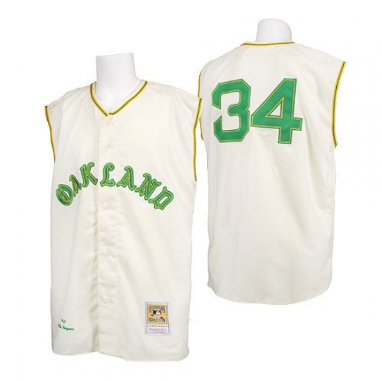 Men's Mitchell and Ness 1968 Oakland Athletics 34 Rollie Fingers Authentic Cream Throwback MLB Jersey