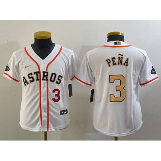 Youth Houston Astros 3 Jeremy Pena Number 2023 White Gold World Serise Champions Cool Base Stitched Jerseys