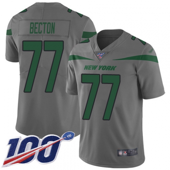 Men's New York Jets 77 Mekhi Becton Gray Stitched Limited Inverted Legend 100th Season Jersey