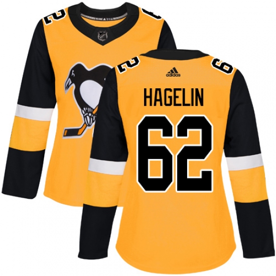 Women's Adidas Pittsburgh Penguins 62 Carl Hagelin Authentic Gold Alternate NHL Jersey