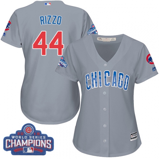 Women's Majestic Chicago Cubs 44 Anthony Rizzo Authentic Grey Road 2016 World Series Champions Cool Base MLB Jersey