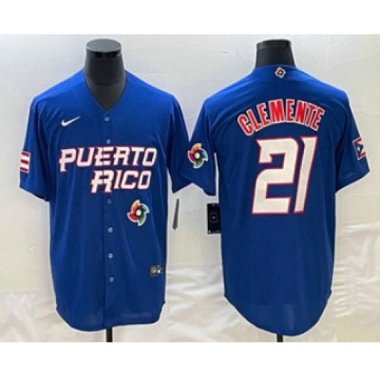 Men's Puerto Rico Baseball 21 Roberto Clemente 2023 Blue World Classic Stitched Jersey