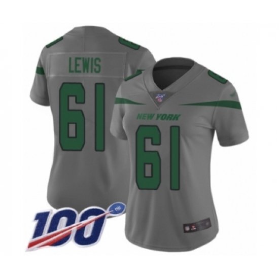 Women's New York Jets 61 Alex Lewis Limited Gray Inverted Legend 100th Season Football Jersey