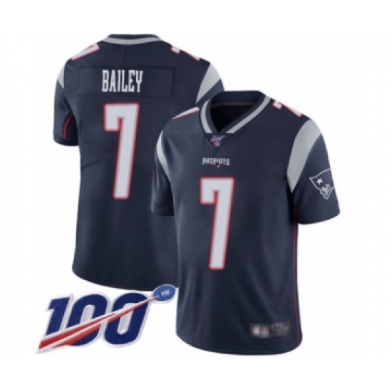 Men's New England Patriots 7 Jake Bailey Navy Blue Team Color Vapor Untouchable Limited Player 100th Season Football Jersey