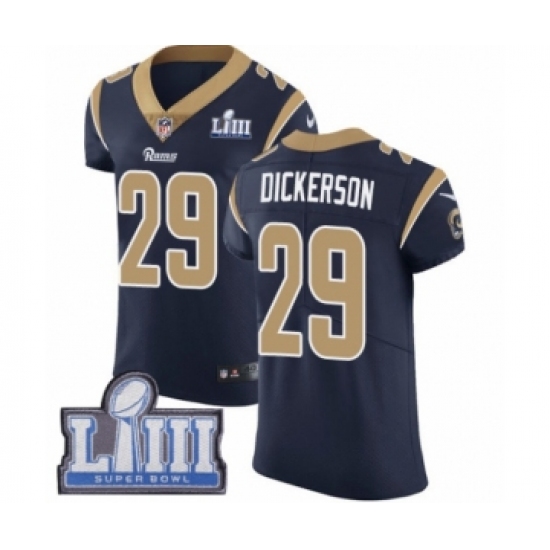 Men's Nike Los Angeles Rams 29 Eric Dickerson Navy Blue Team Color Vapor Untouchable Elite Player Super Bowl LIII Bound NFL Jersey