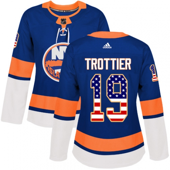 Women's Adidas New York Islanders 19 Bryan Trottier Authentic Royal Blue USA Flag Fashion NHL Jersey