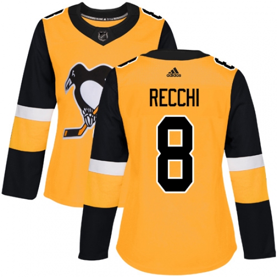 Women's Adidas Pittsburgh Penguins 8 Mark Recchi Authentic Gold Alternate NHL Jersey