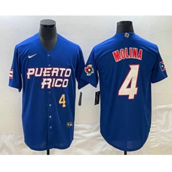 Men's Puerto Rico Baseball 4 Yadier Molina Number 2023 Blue World Baseball Classic Stitched Jerseys