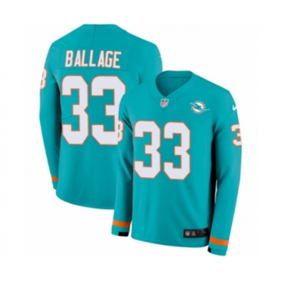 Youth Nike Miami Dolphins 33 Kalen Ballage Limited Aqua Therma Long Sleeve NFL Jersey
