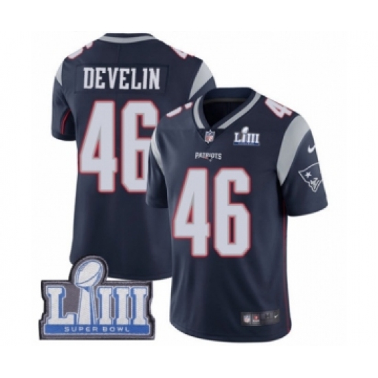 Men's Nike New England Patriots 46 James Develin Navy Blue Team Color Vapor Untouchable Limited Player Super Bowl LIII Bound NFL Jersey