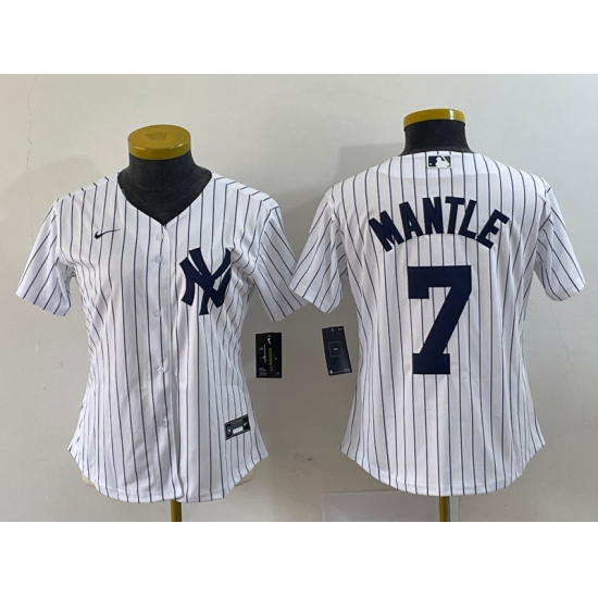 Women's Nike New York Yankees 7 Mickey Mantle White No Name Stitched Cool Base Jersey
