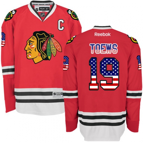 Men's Reebok Chicago Blackhawks 19 Jonathan Toews Authentic Red USA Flag Fashion NHL Jersey