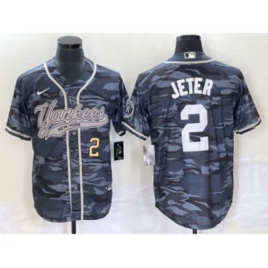 Men's New York Yankees 2 Derek Jeter Number Grey Camo Cool Base Stitched Baseball Jersey