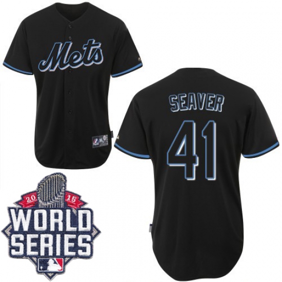 Men's Majestic New York Mets 41 Tom Seaver Authentic Black Fashion 2015 World Series MLB Jersey