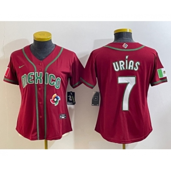Women's Mexico Baseball 7 Julio Urias Number 2023 Red World Baseball Classic Stitched Jersey13