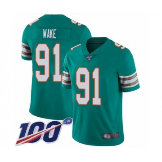 Men's Miami Dolphins 91 Cameron Wake Aqua Green Alternate Vapor Untouchable Limited Player 100th Season Football Jersey