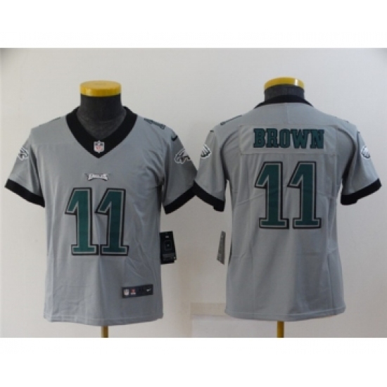 Youth Philadelphia Eagles 11 A. J. Brown Grey Inverted Legend Stitched Football Jersey