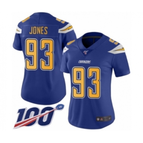 Women's Los Angeles Chargers 93 Justin Jones Limited Electric Blue Rush Vapor Untouchable 100th Season Football Jersey