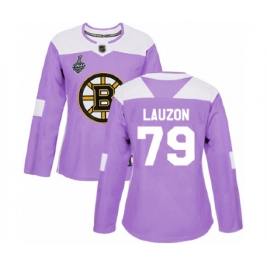 Women's Boston Bruins 79 Jeremy Lauzon Authentic Purple Fights Cancer Practice 2019 Stanley Cup Final Bound Hockey Jersey