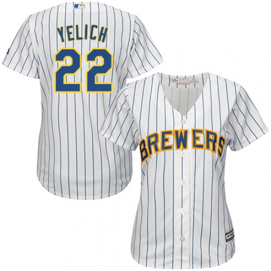 Women's Milwaukee Brewers 22 Christian Yelich White Strip Home Stitched MLB Jersey