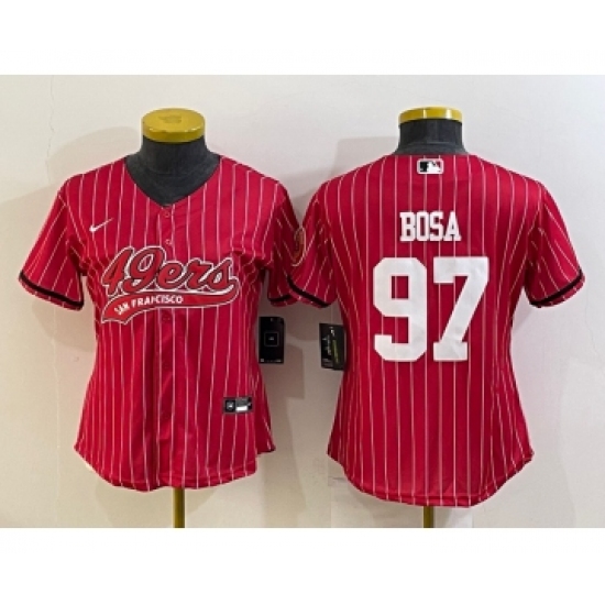 Women's San Francisco 49ers 97 Nick Bosa Red Pinstripe With Patch Cool Base Stitched Baseball Jersey