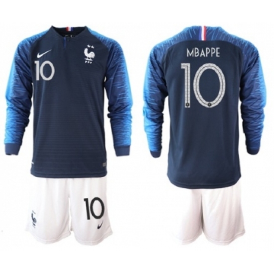 France 10 Mbappe Home Long Sleeves Soccer Country Jersey