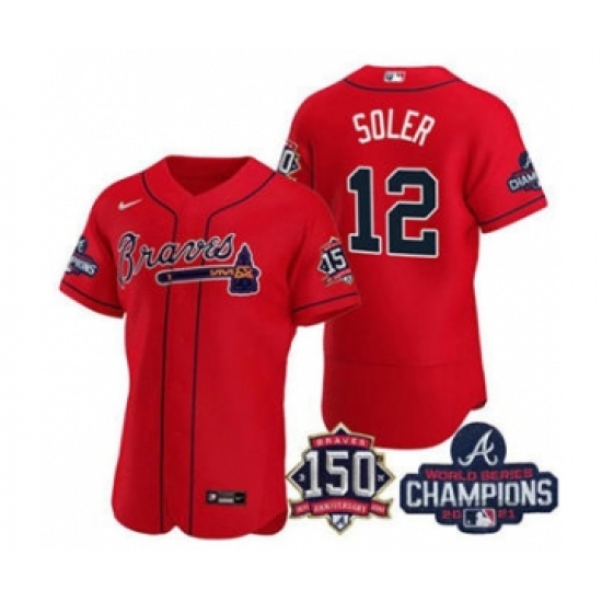 Men's Atlanta Braves 12 Jorge Soler 2021 Red World Series Champions With 150th Anniversary Flex Base Stitched Jersey