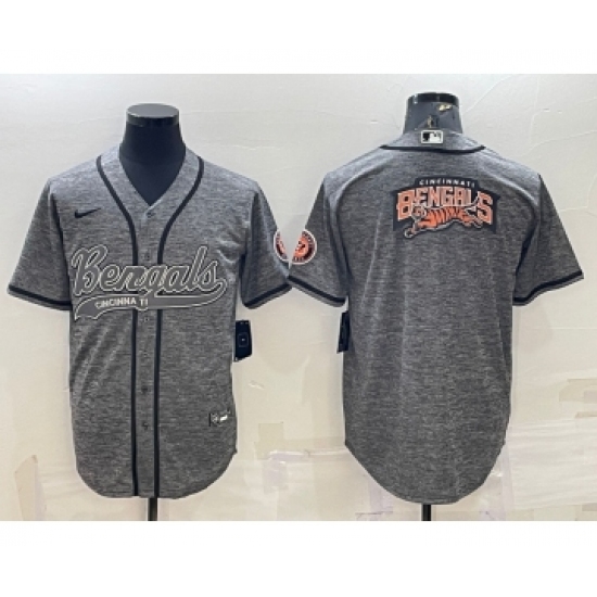Men's Cincinnati Bengals Grey Gridiron Team Big Logo Cool Base Stitched Baseball Jersey
