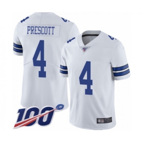 Men's Dallas Cowboys 4 Dak Prescott White Vapor Untouchable Limited Player 100th Season Football Jersey