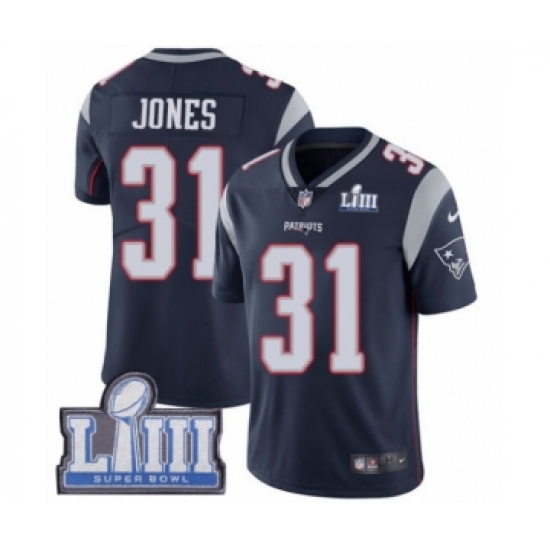 Men's Nike New England Patriots 31 Jonathan Jones Navy Blue Team Color Vapor Untouchable Limited Player Super Bowl LIII Bound NFL Jersey