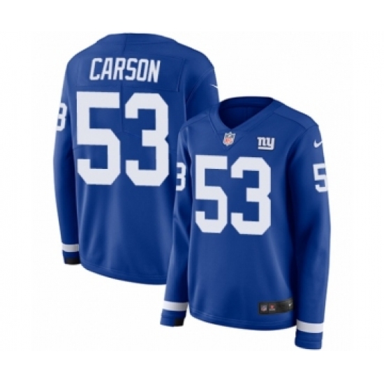 Women's Nike New York Giants 53 Harry Carson Limited Royal Blue Therma Long Sleeve NFL Jersey