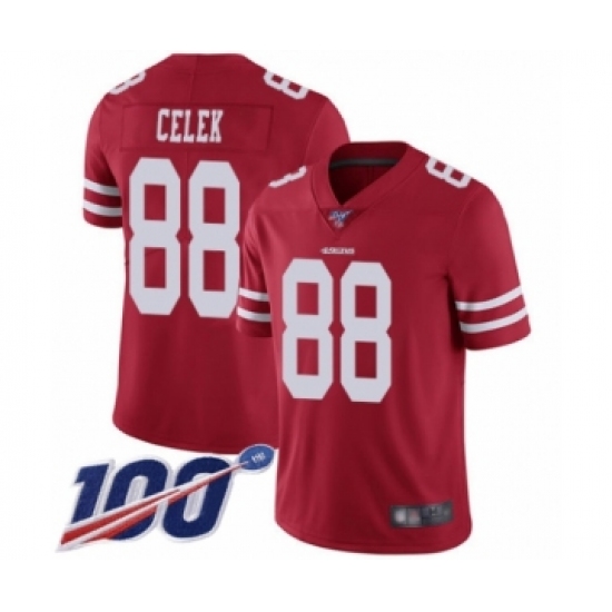 Men's San Francisco 49ers 88 Garrett Celek Red Team Color Vapor Untouchable Limited Player 100th Season Football Jersey