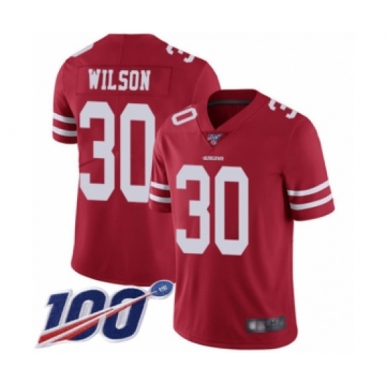 Men's San Francisco 49ers 30 Jeff Wilson Red Team Color Vapor Untouchable Limited Player 100th Season Football Jersey